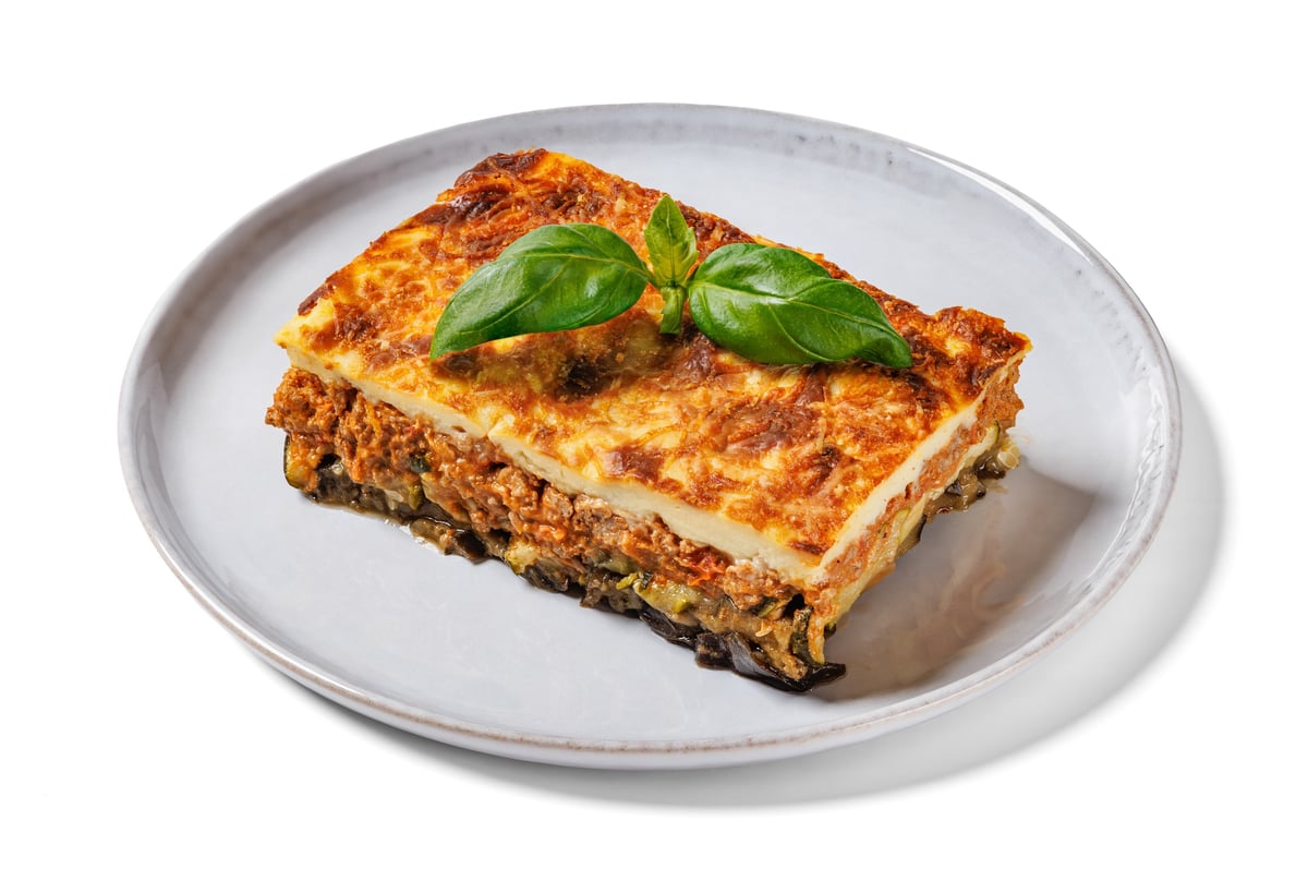 Moussaka, traditional Greek dish with layers of eggplant and bechamel