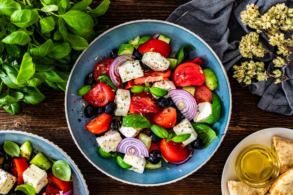 Greek style salad with fresh vegetables and feta cheese