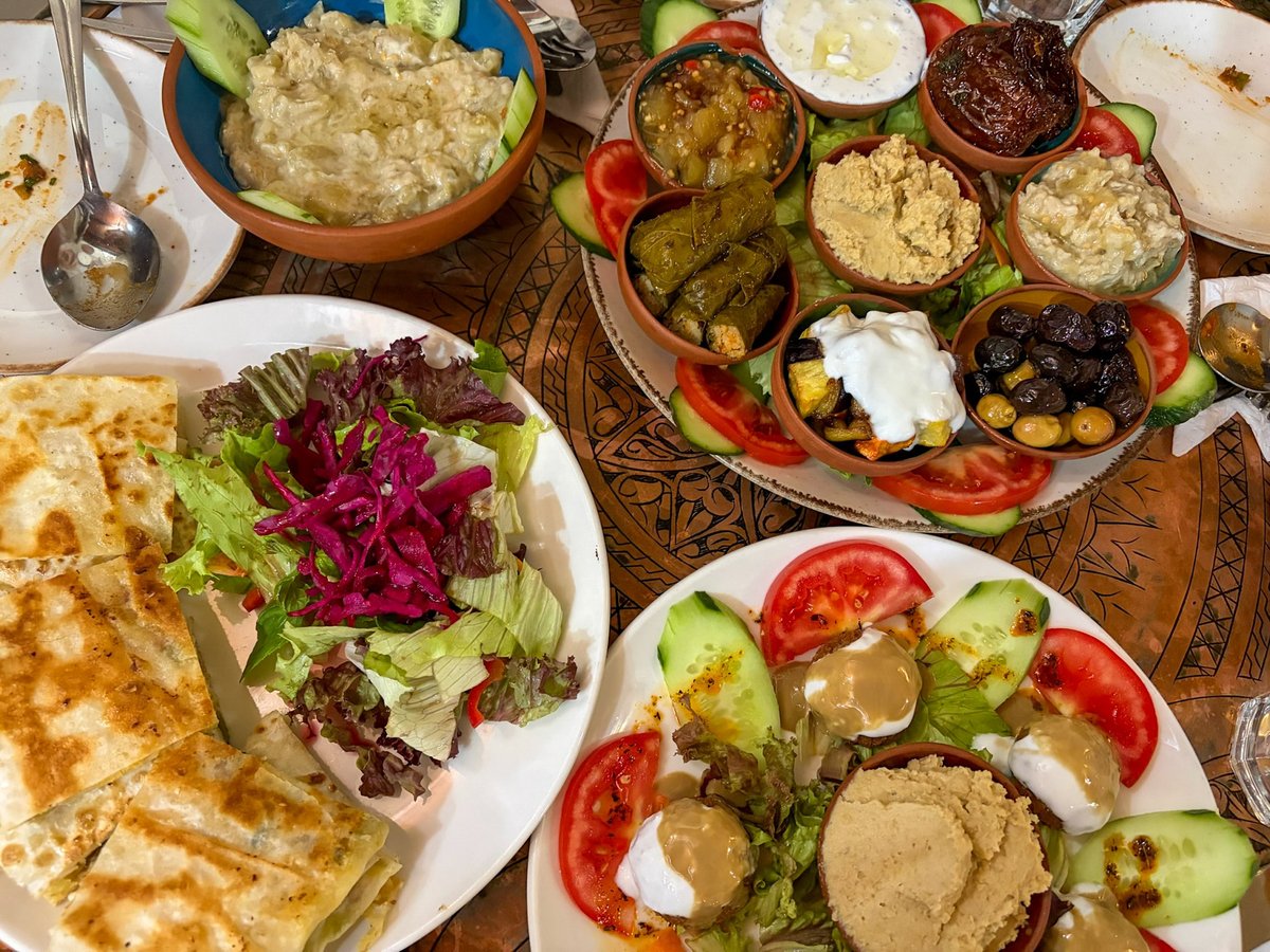 A colorful spread of traditional Greek meze with hummus, stuffed vine leaves, olives, and pita bread