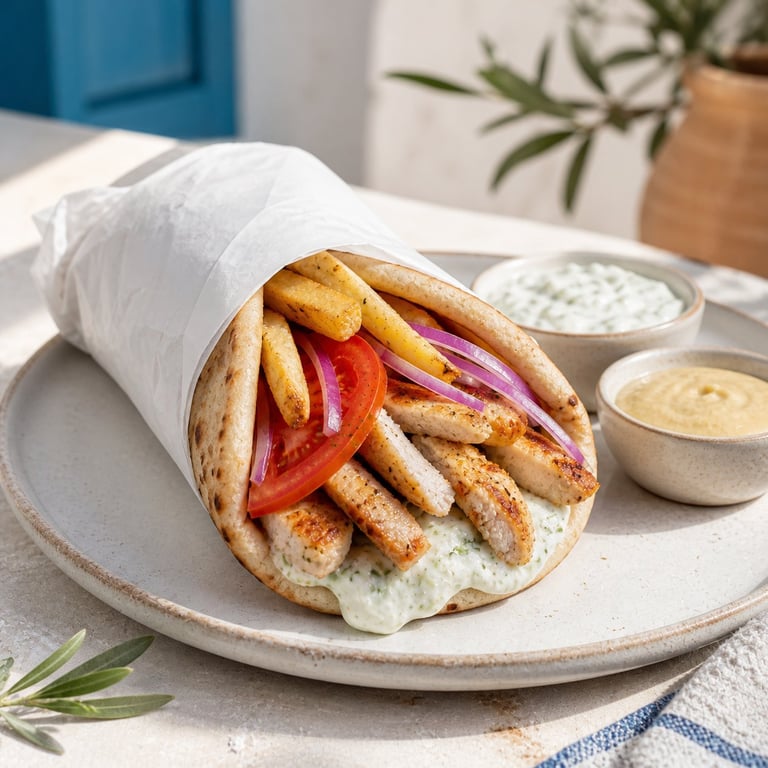 Gyro sandwich wrapped in white paper on a plate with fries, red peppers, and two small bowls of sauce