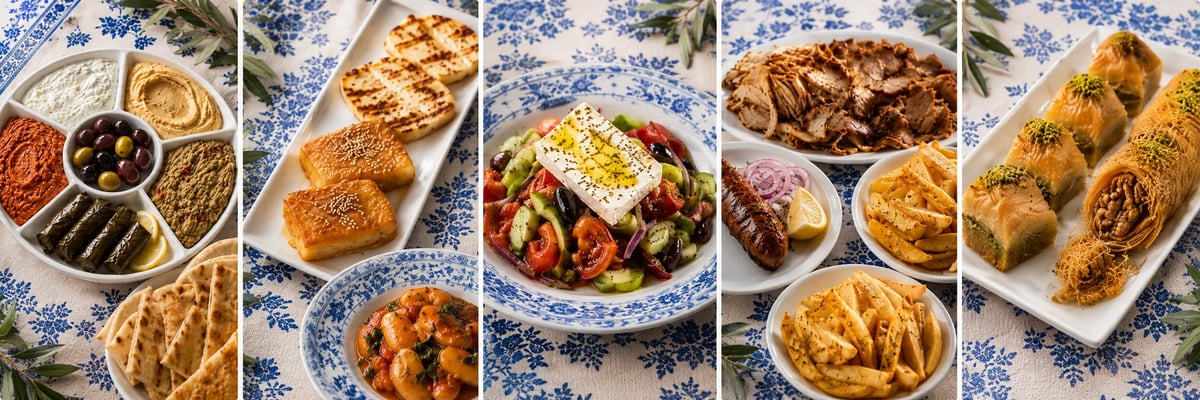 Collage of Mediterranean food on blue patterned tablecloth including breads, meats, vegetables, and prepared dishes