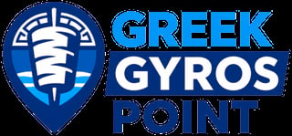 Greek Gyros Point logo featuring a blue shield with stylized meat on a skewer and text