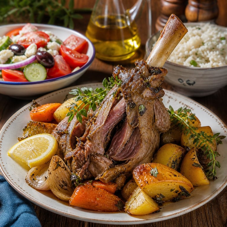 Roasted lamb chops with roasted potatoes, carrots, and lemon slices, garnished with fresh herbs on a white plate