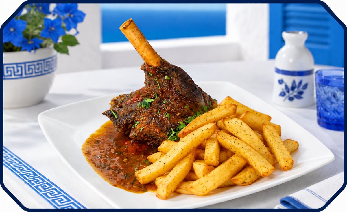 Roasted lamb shanks with crispy golden french fries on a white plate in a Mediterranean-style setting