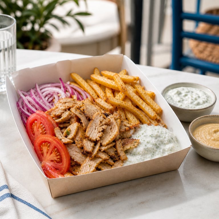 Greek gyro platter in white takeout box with sliced meat, fries, red onions, tomatoes, and tzatziki sauce on white table