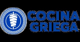 Cocina Griega logo with circular emblem featuring Greek key pattern and vertical spiral design, blue text