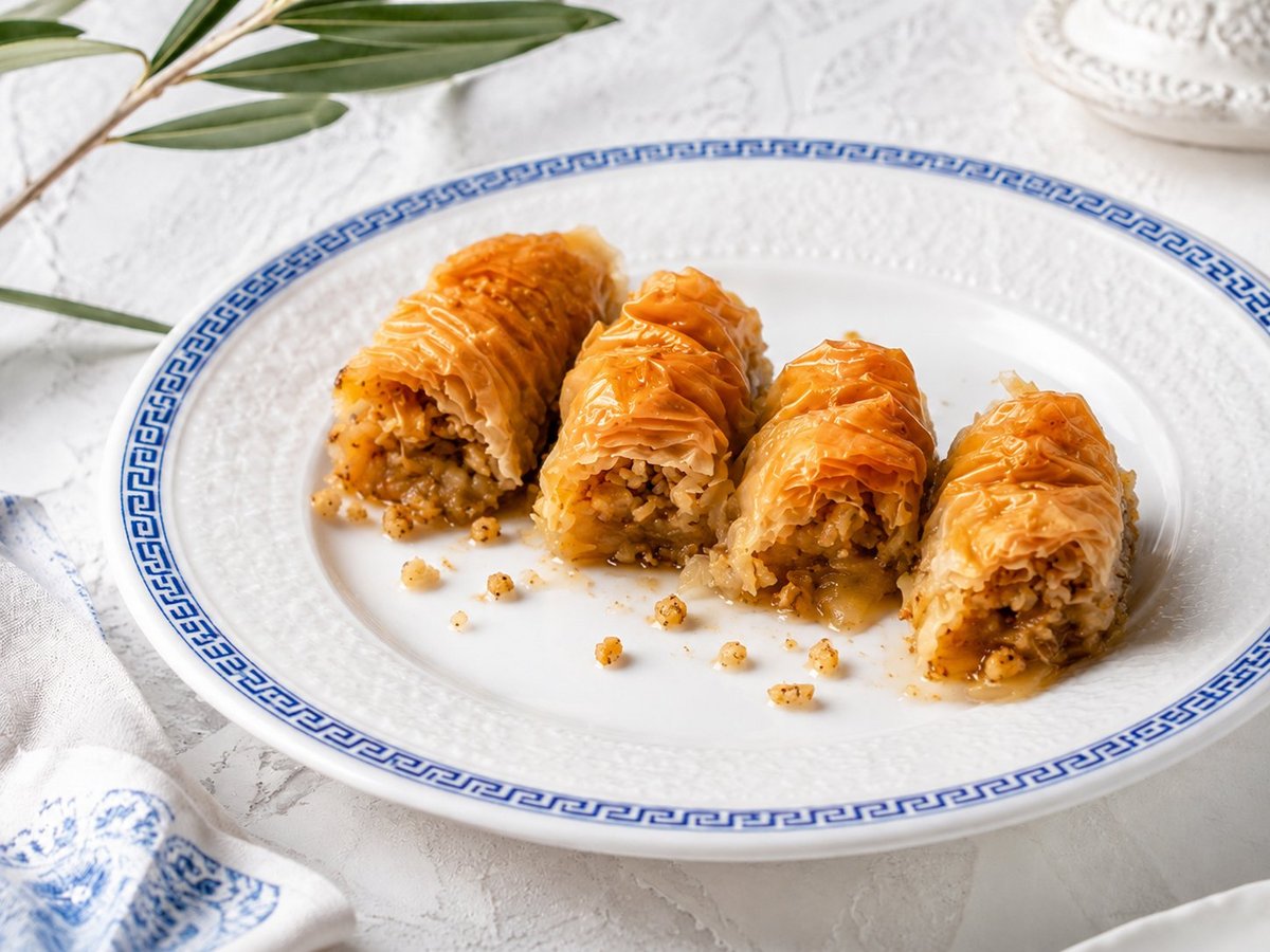 Four golden baklava pastries arranged on a white plate with blue trim, garnished with crumbs, on a white tablecloth