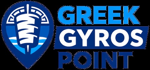 Greek Gyros Point logo featuring a blue shield with stylized gyro meat icon and text