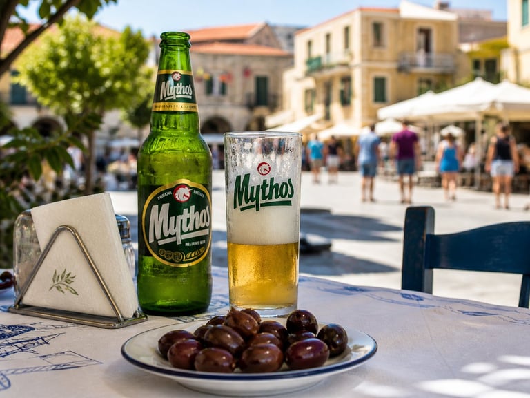 Mythos beer bottle and glass with olives at an outdoor Mediterranean café, historic architecture in background
