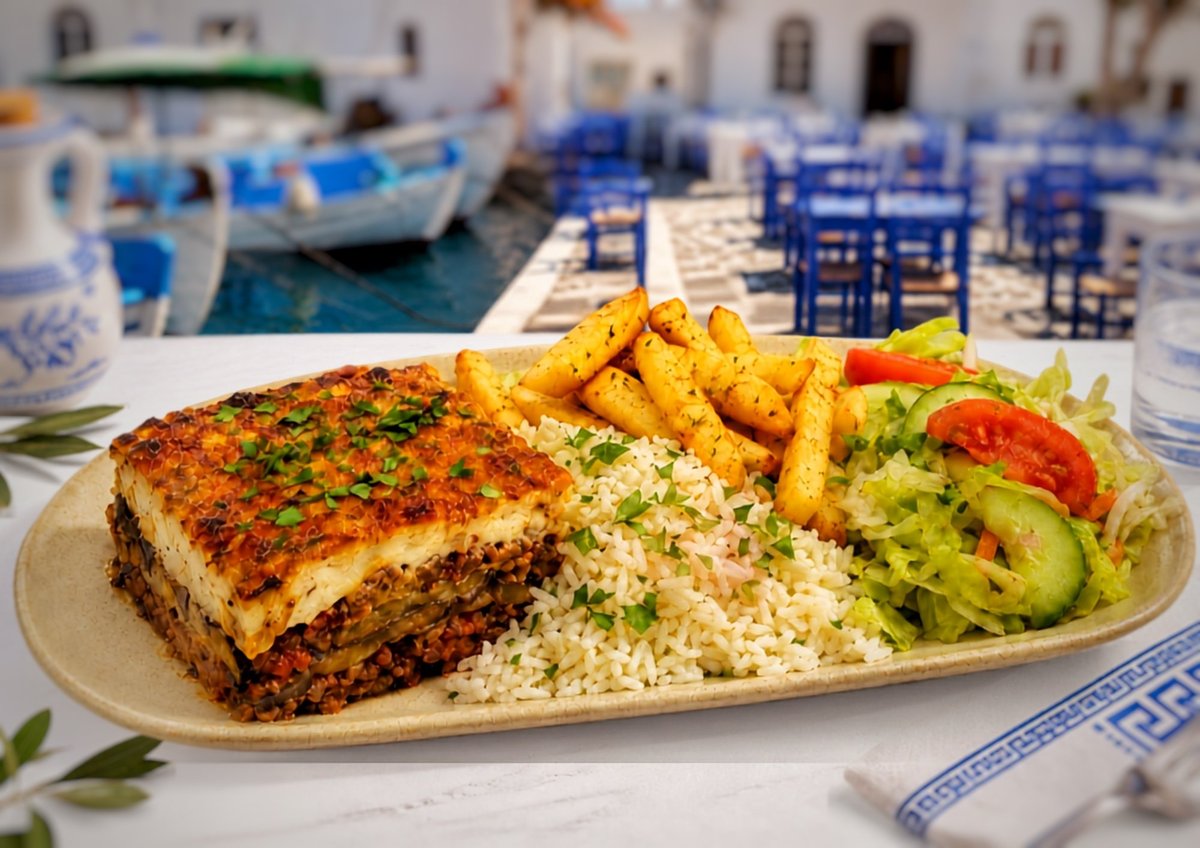 Grilled fish fillet with golden fries, couscous, and fresh salad on a white plate with Mediterranean waterfront setting
