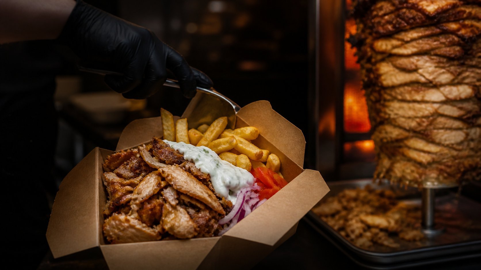 Hand holding paper wrapper with shawarma meat, fries, and red sauce in front of a rotating kebab spit