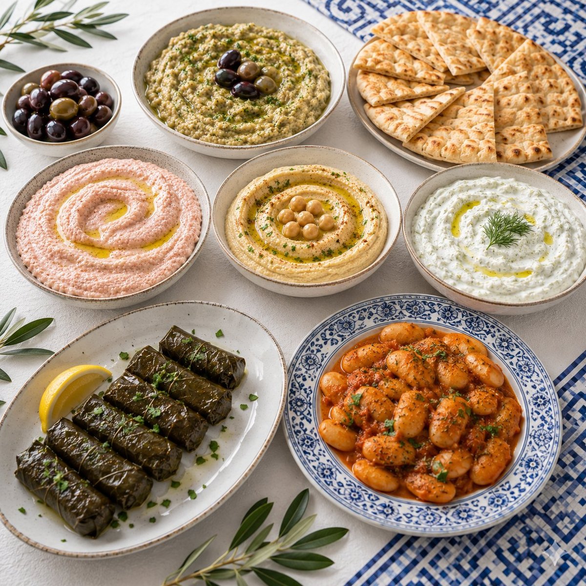 Assorted Mediterranean appetizers and dips arranged on white plates, including hummus, baba ganoush, tzatziki, grape leaves, olives, crackers, and spiced chickpeas