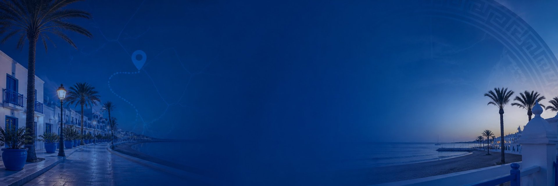 Blue-toned Mediterranean coastal scene with palm trees, white buildings, and calm water at dusk or dawn
