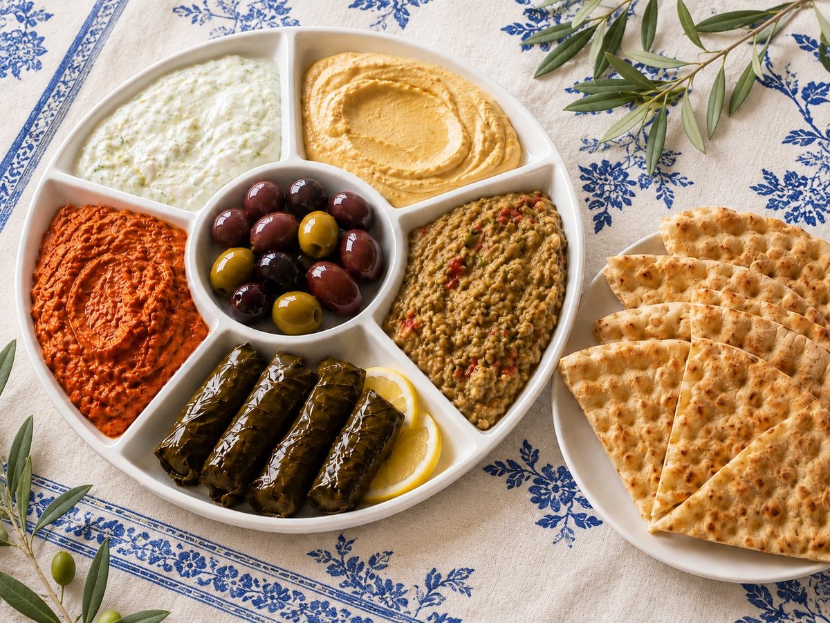 Mediterranean mezze platter with hummus, spiced dip, olives, stuffed grape leaves, crackers, and herbs on blue patterned cloth