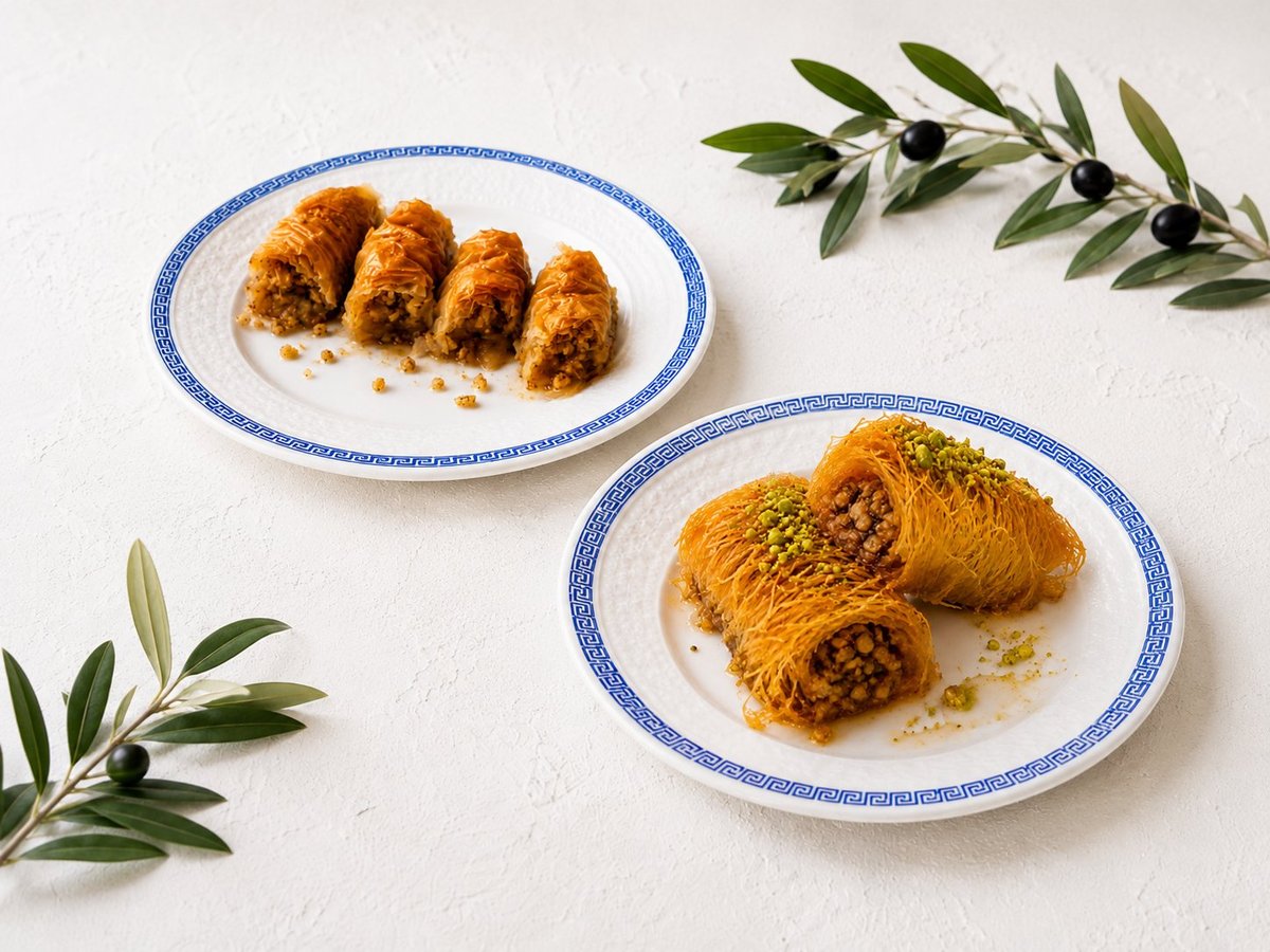 Two plates of golden-brown fried items garnished with herbs on a white surface with olive branches.
