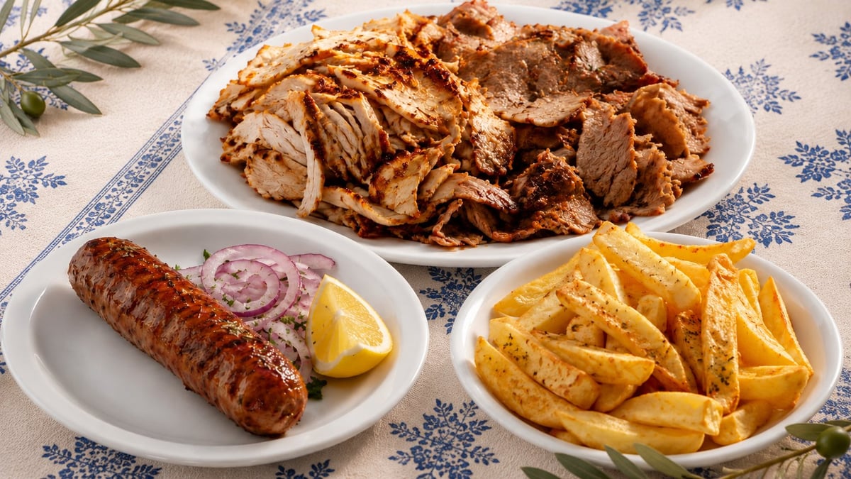 Three plates of Spanish food: sliced meat, sausage with onions and lemon, and fried potatoes on a decorative blue and white tablecloth.
