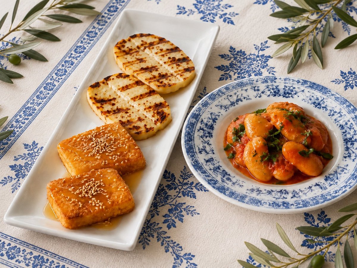 White plate with flatbread and pastries, blue patterned bowl with vegetable stew, olive branches on floral tablecloth