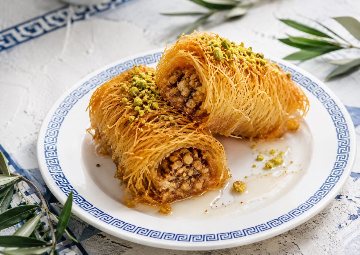 Three golden phyllo pastry rolls filled with nuts on a blue-rimmed white plate, garnished with fresh green onions