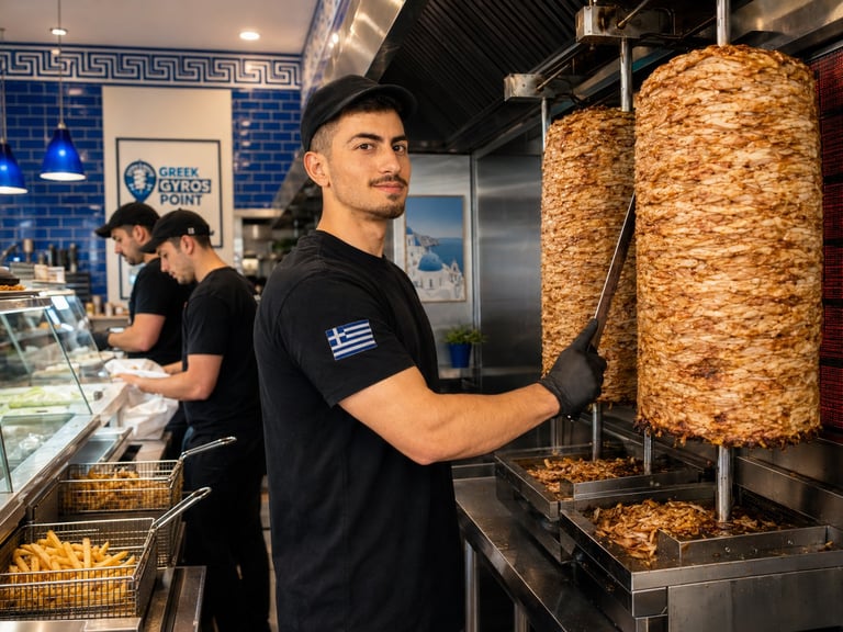 Male worker in black uniform cutting meat from vertical rotisserie spit in a Greek food restaurant kitchen